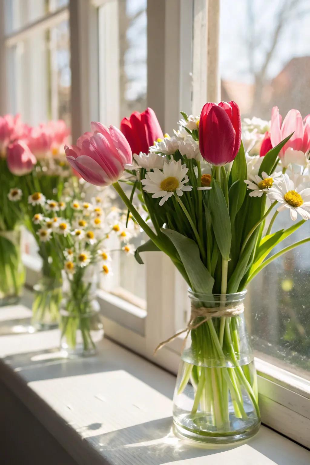 Illuminate your area with colorful daffodils and posies in small flower holders.