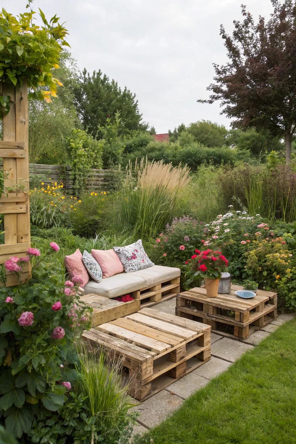 Upcycled boards provide an inviting and cost-effective seating option in your garden.