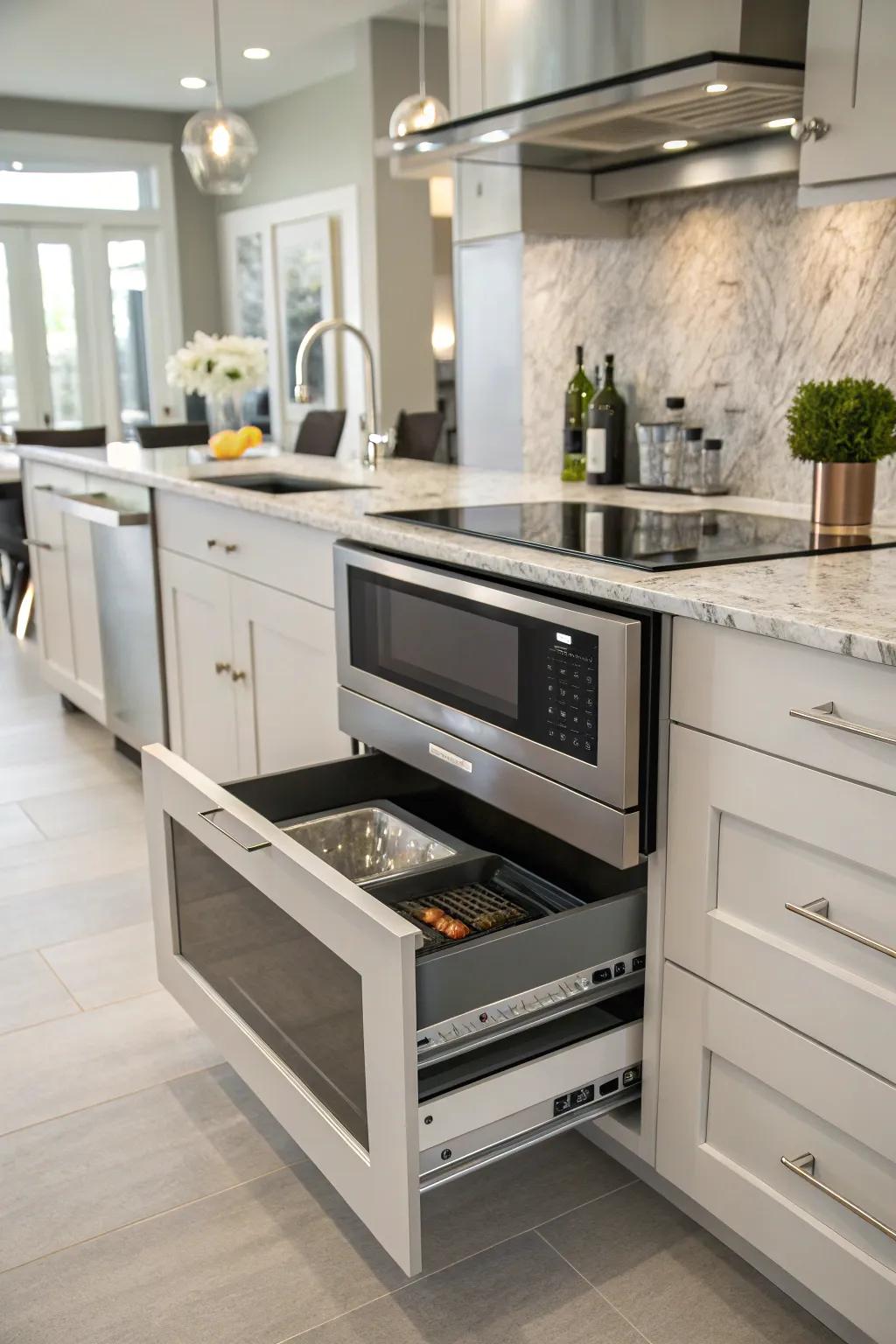Modern kitchen showcasing a refined wave emitter drawer incorporated into the base cabinets.