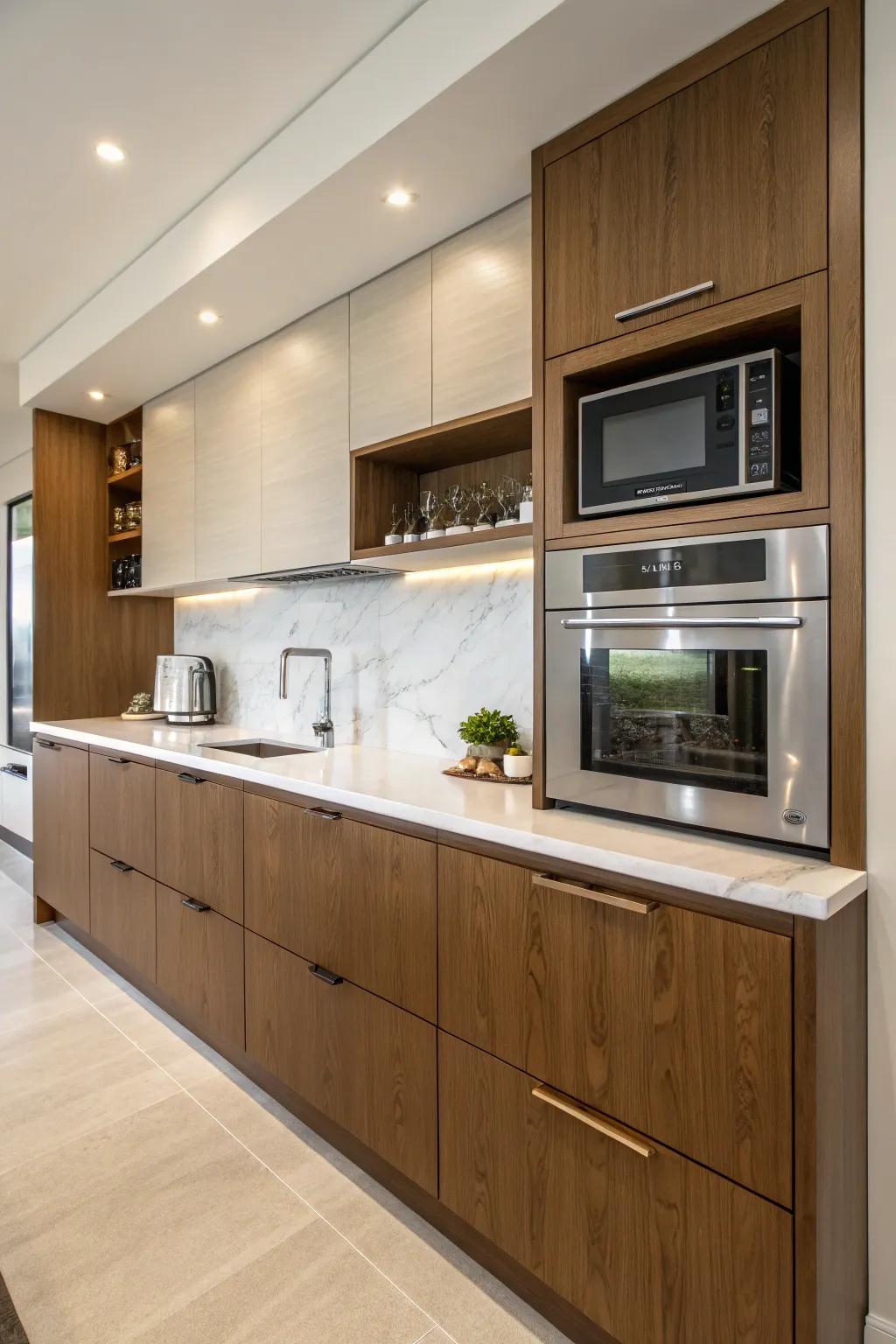 A microwave flawlessly integrated into the kitchen cabinets above the worktop.