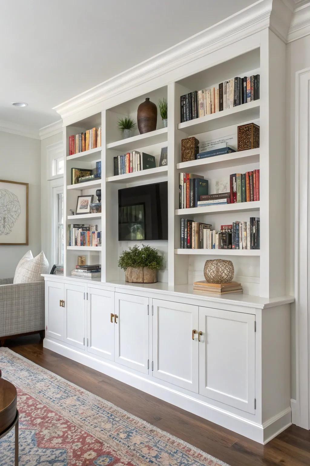 White built-in shelves contribute to a minimalist and open atmosphere.