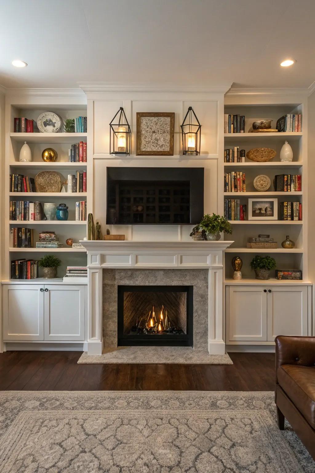 Symmetrical shelving fashions an even and welcoming fireplace arrangement.