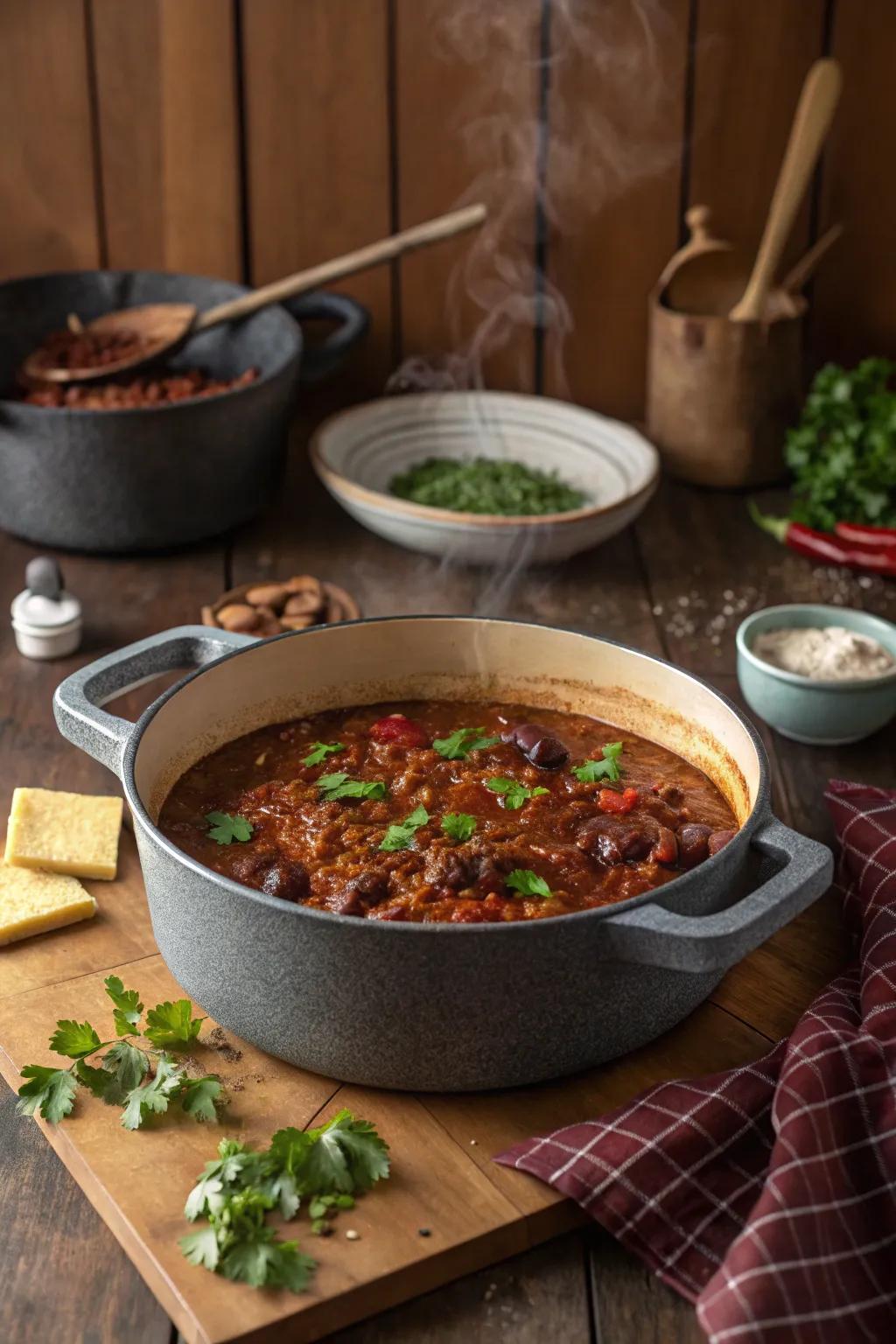 A pot of classic chili with a unique twist, ready to warm your senses.