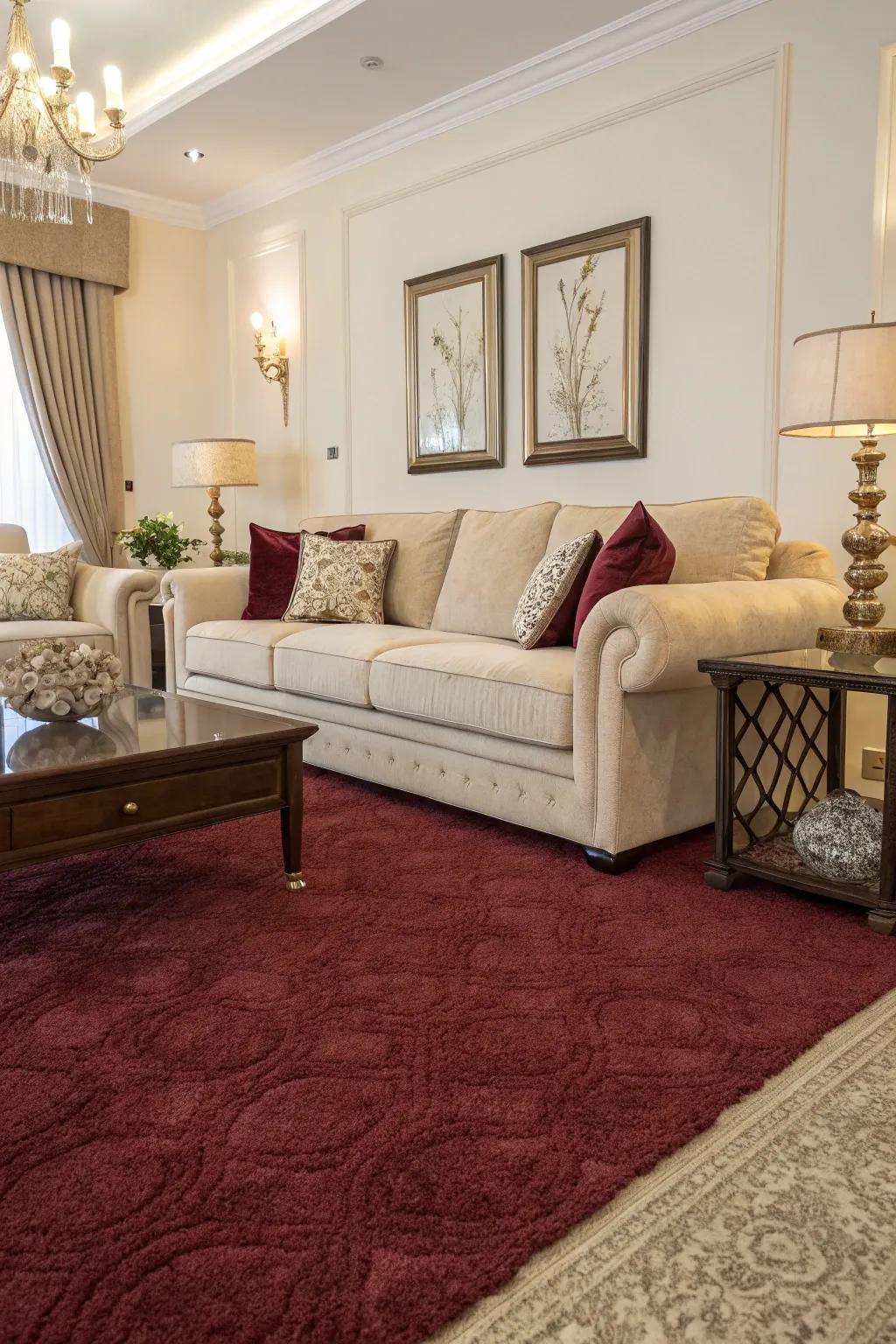 A maroon carpet paired beautifully with cream-colored furniture conjures up a peaceful setting.