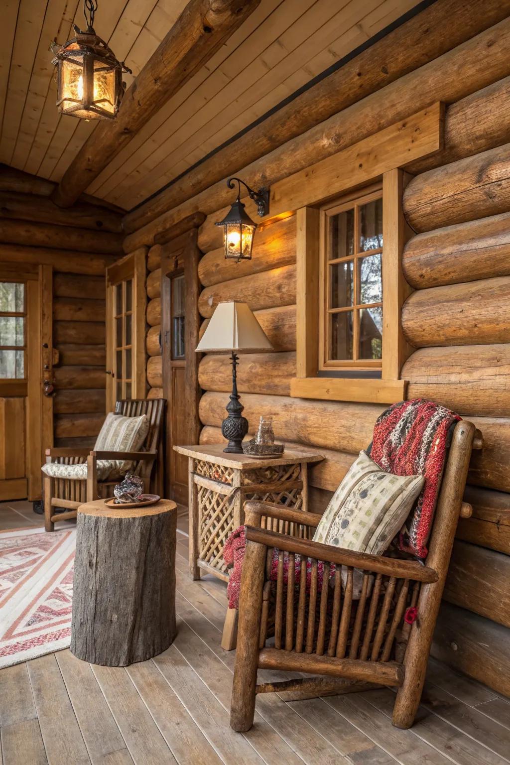 A cabin's interior is beautifully adorned with natural wood features and nature-themed textures.