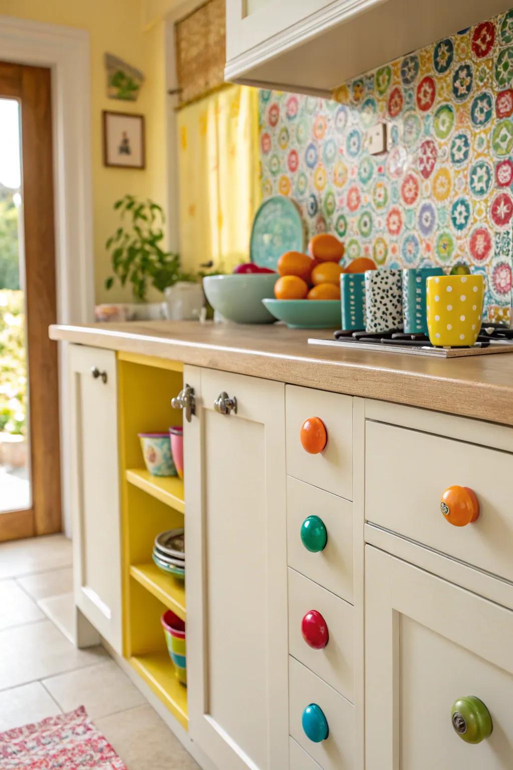 Cabinet adorned with colorful ceramic knobs, adding a playful touch.