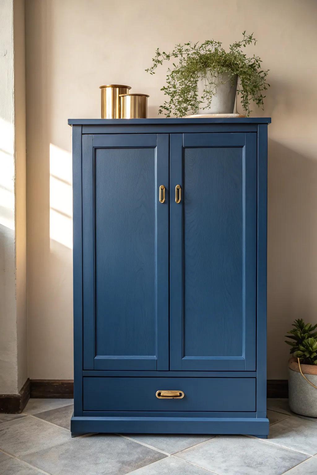 Transform your space with the timeless elegance of a deep blue cabinet.