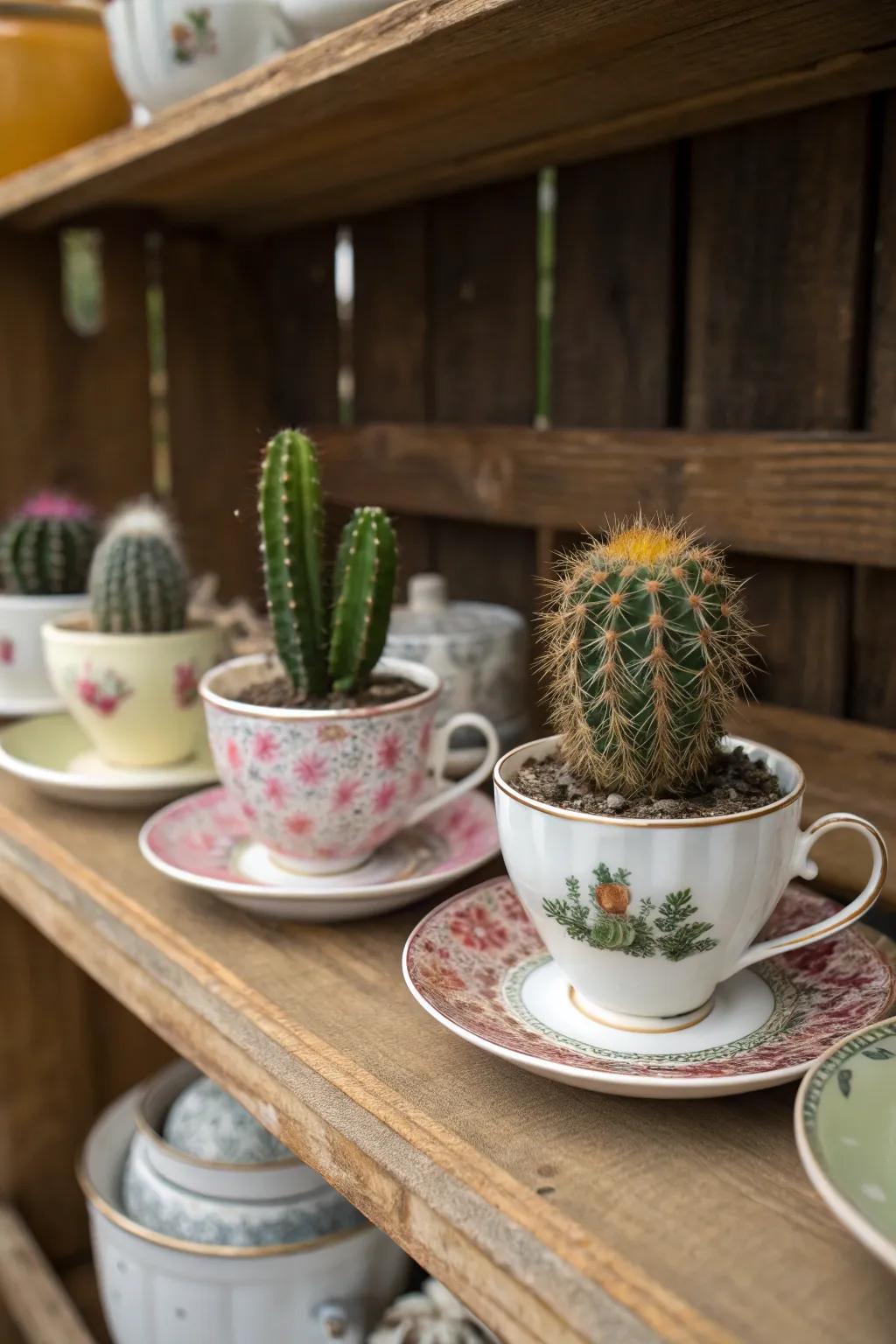 Vintage teacups transformed into charming cactus holders.