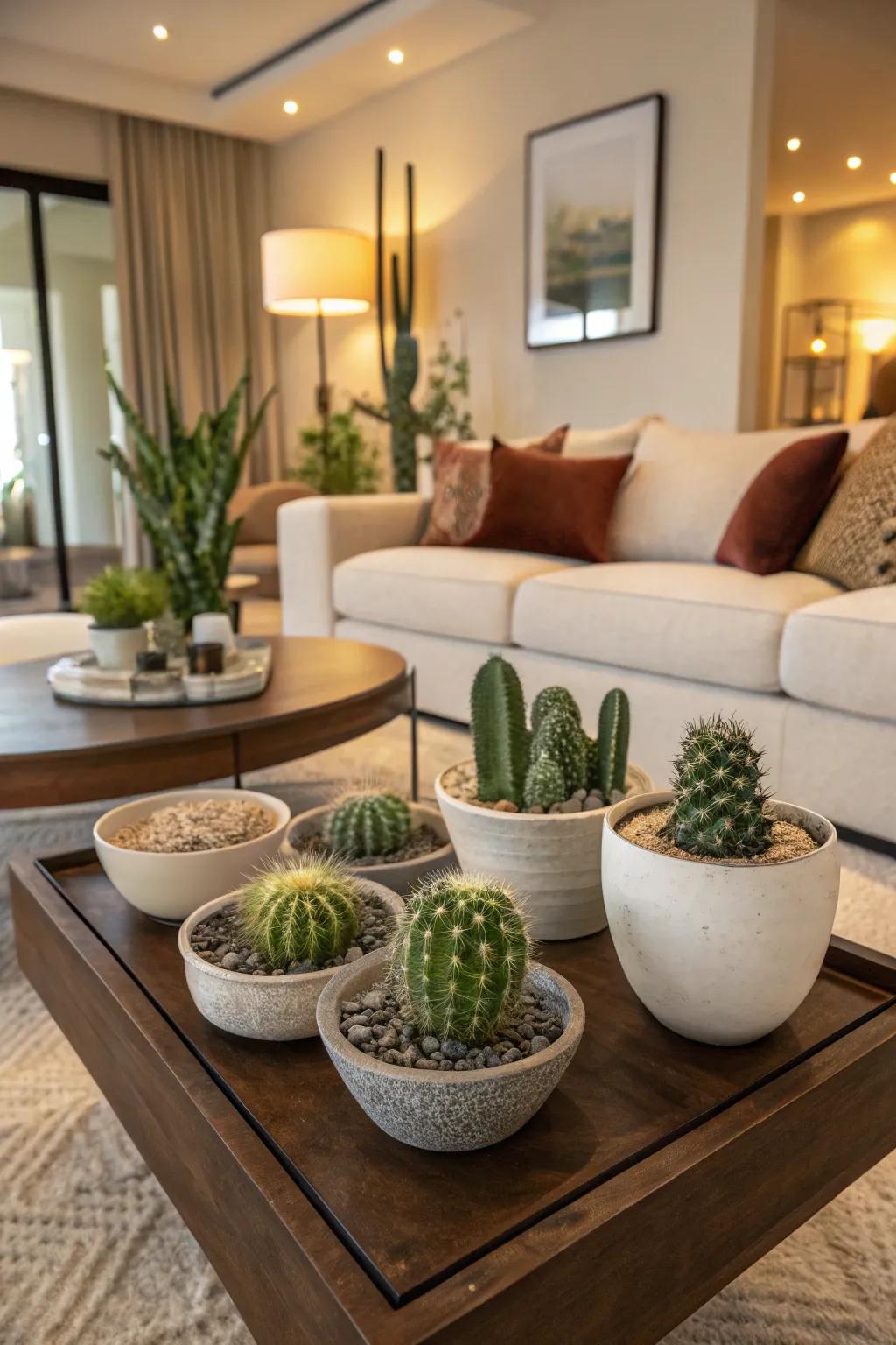 Elegant stoneware dishes presented as trendy beds for small cacti.