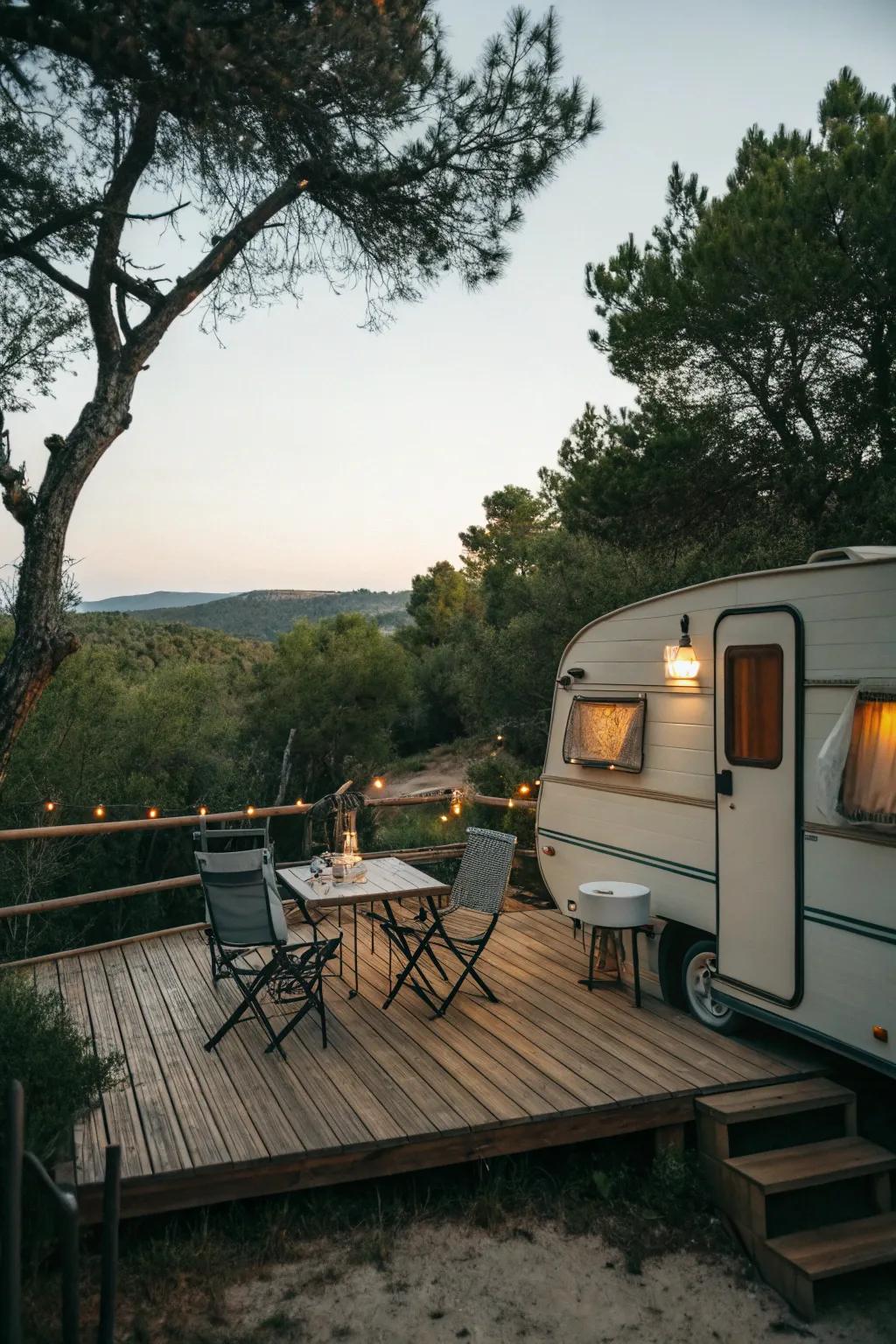 A rustic wooden deck enhancing the appeal of a camper nestled in the woods.