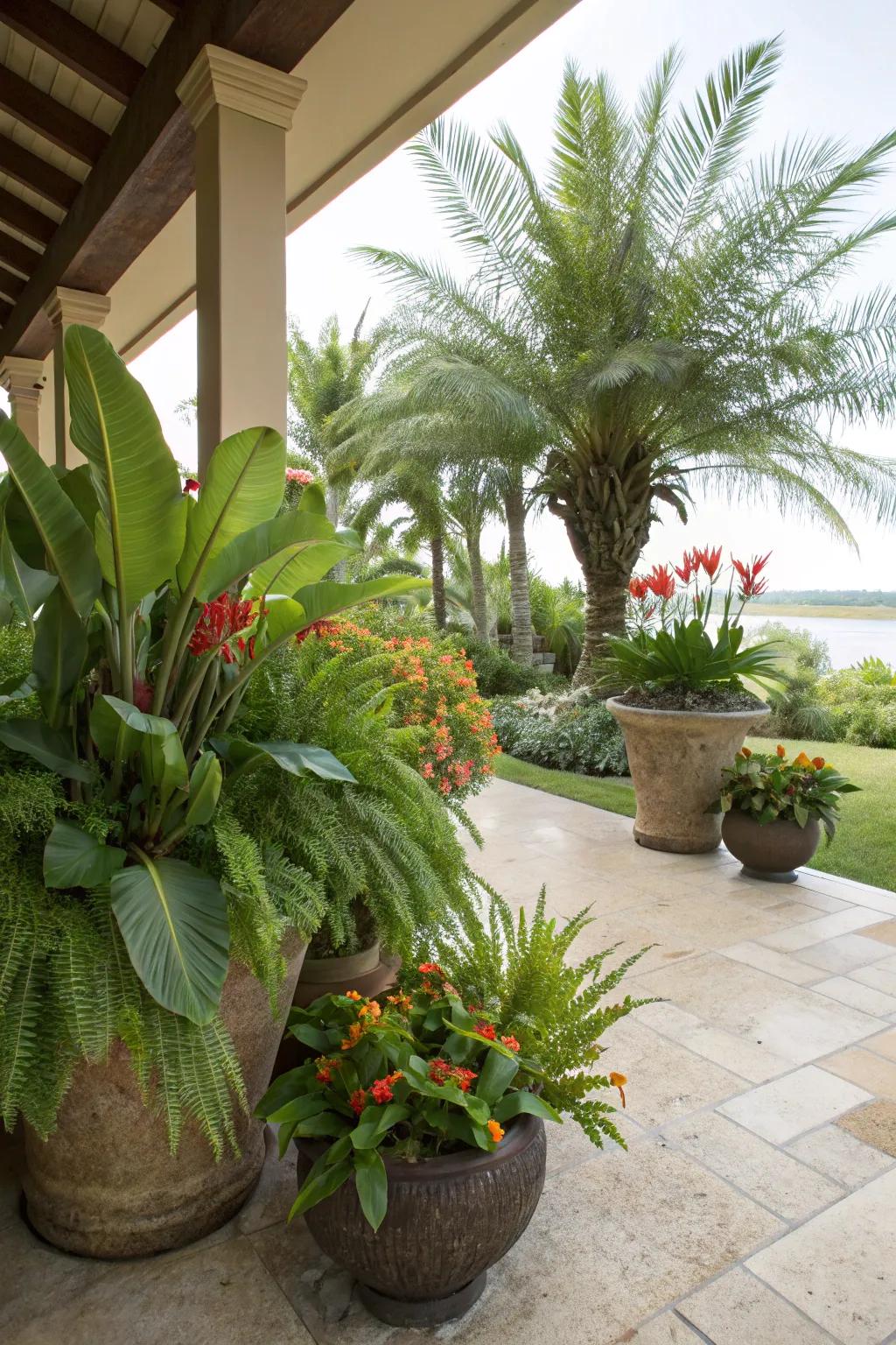 A veranda changed into a tropical sanctuary with glory plants, ferns, and palms.