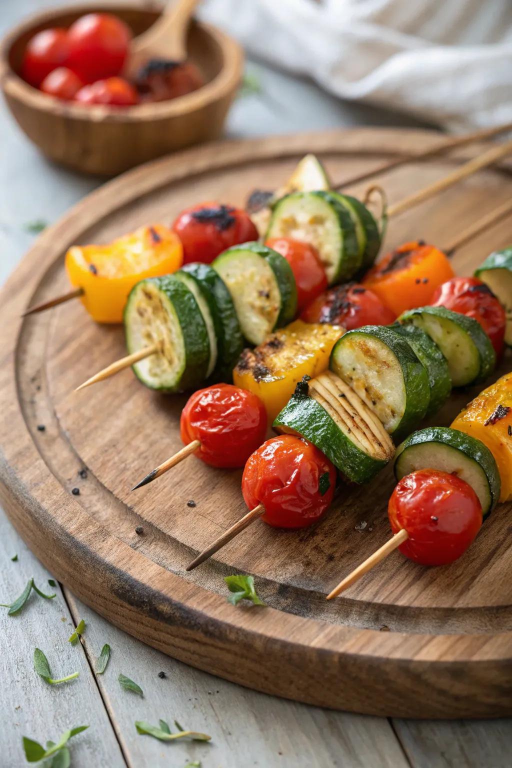 Delicious and vibrant veggie skewers ready for the grill.