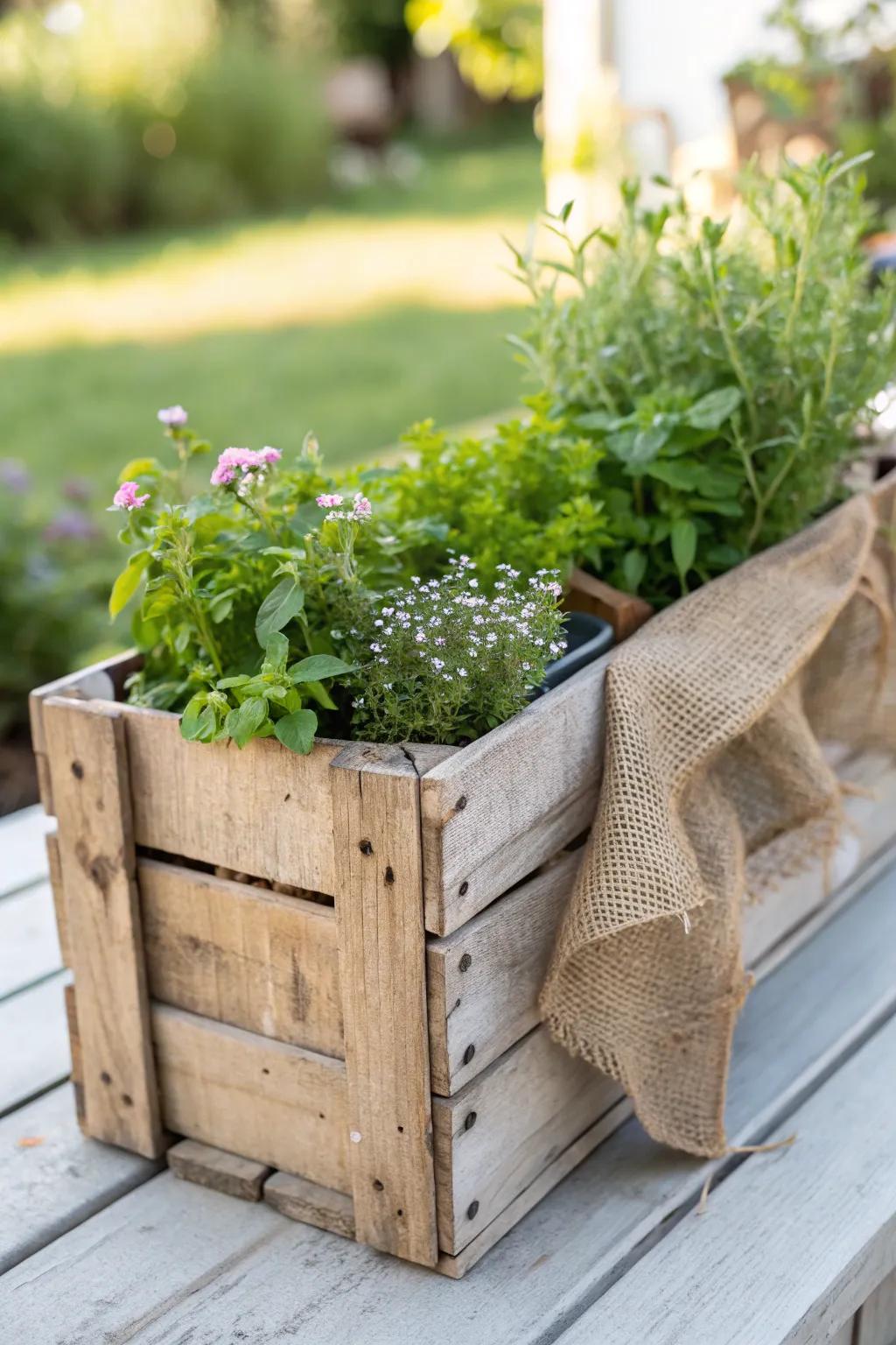 Transform old crates into charming planters for a touch of rustic elegance in your garden.