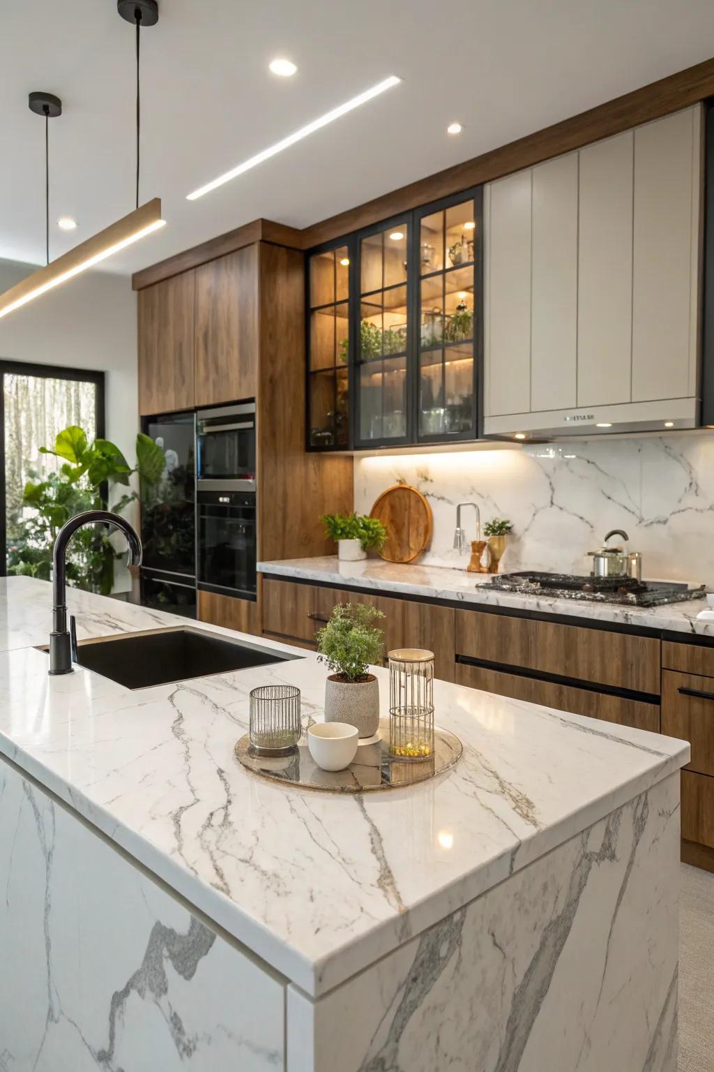 Stylish kitchen with marble-look laminate countertops.