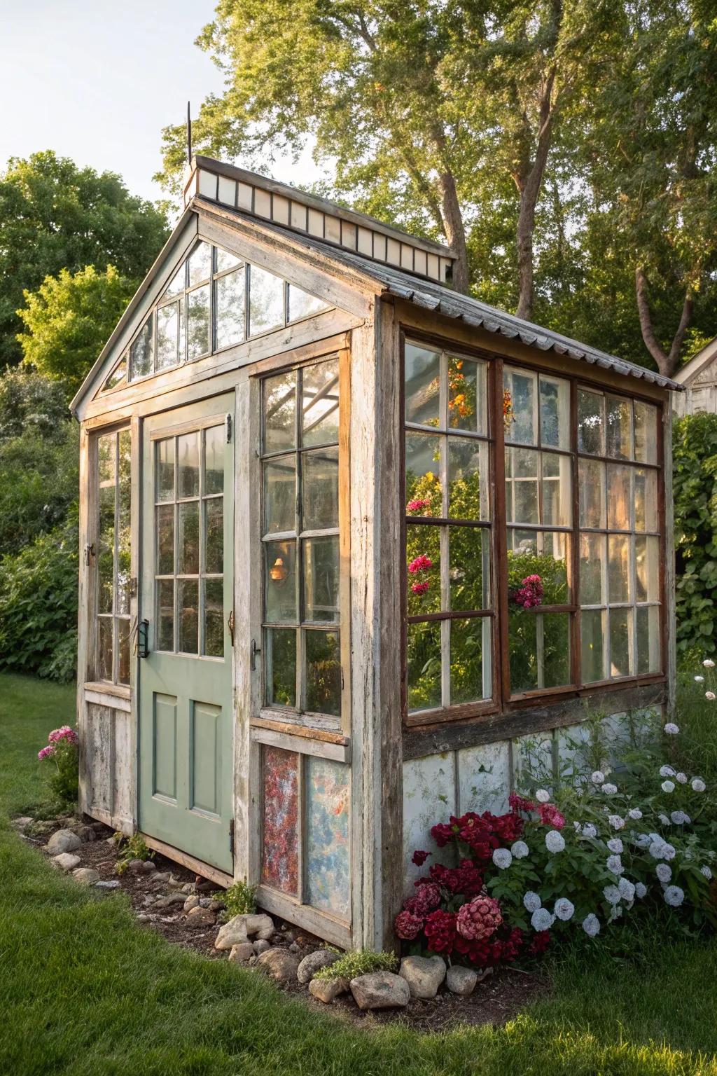 Transform old windows into a charming greenhouse haven, where rustic meets ingenuity.