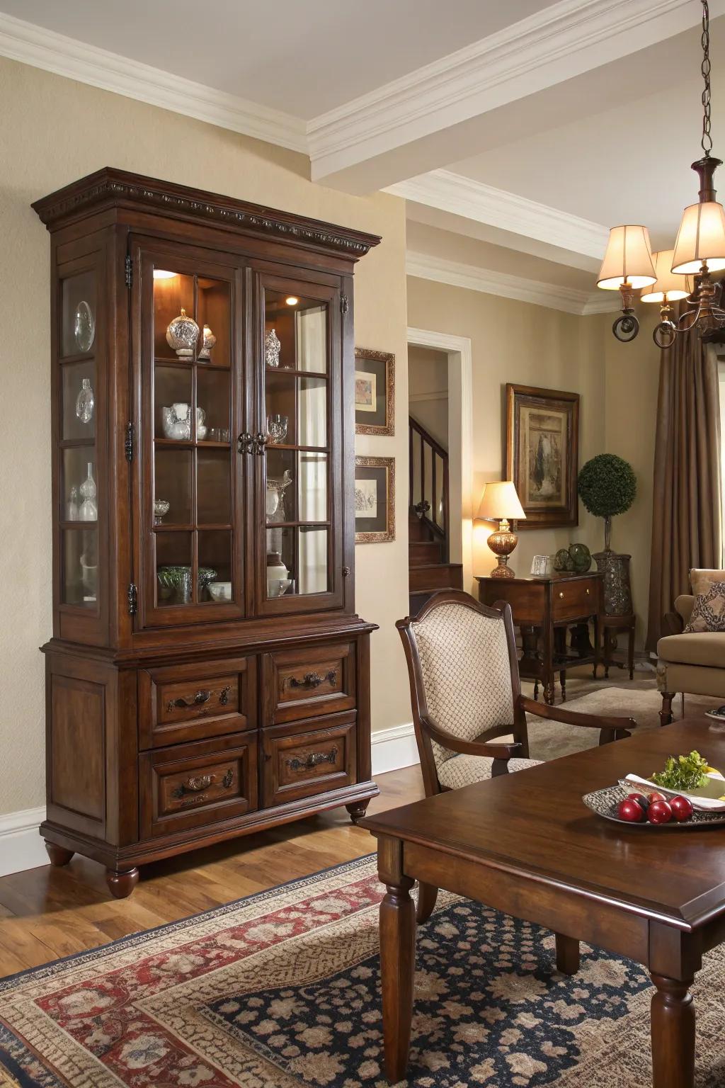 A classic dark wood display hutch in a traditional setting.