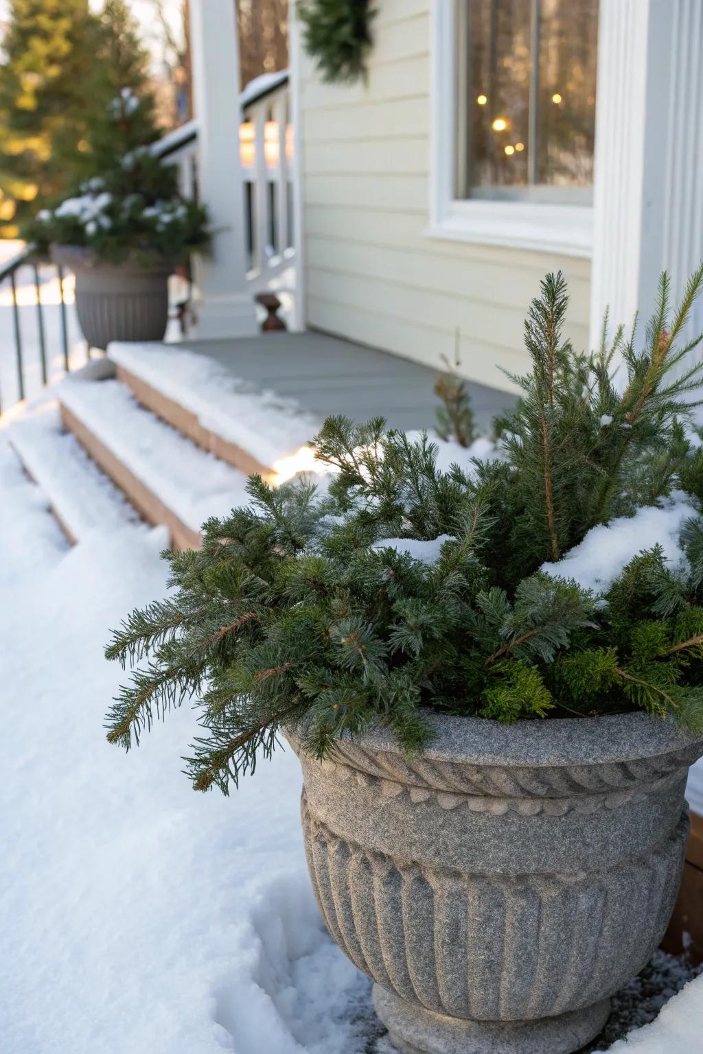 Evergreens form a timeless base perfect for any Christmas planter.