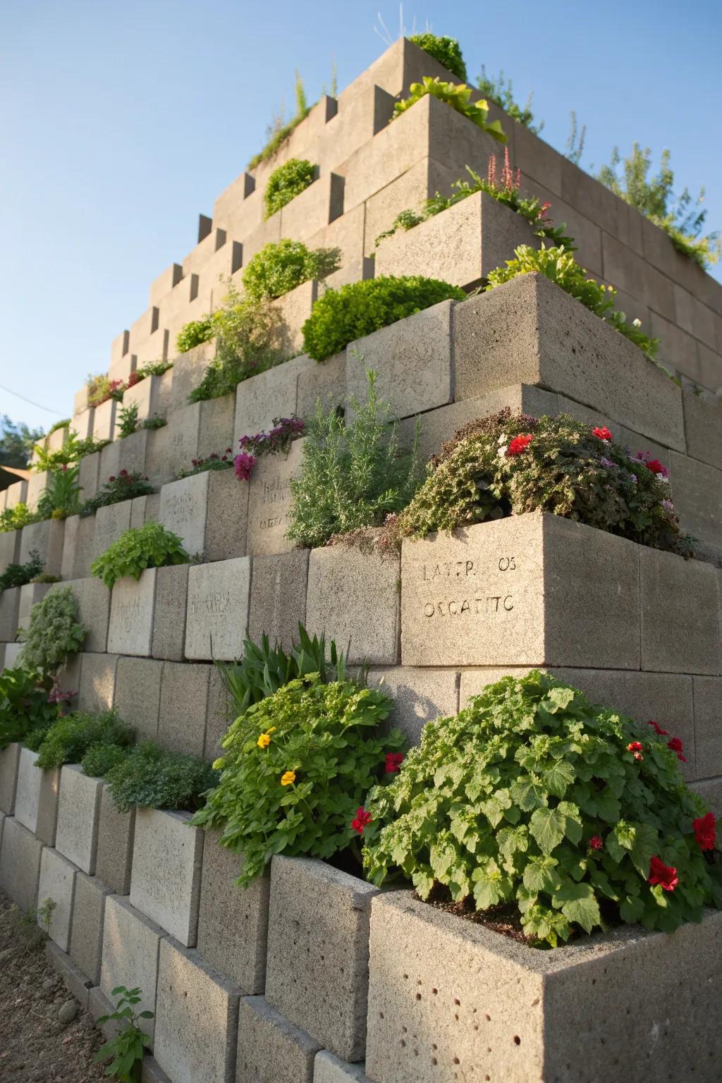 Elevate your garden with tiered cinder block planters, where craftsmanship meets nature's beauty.