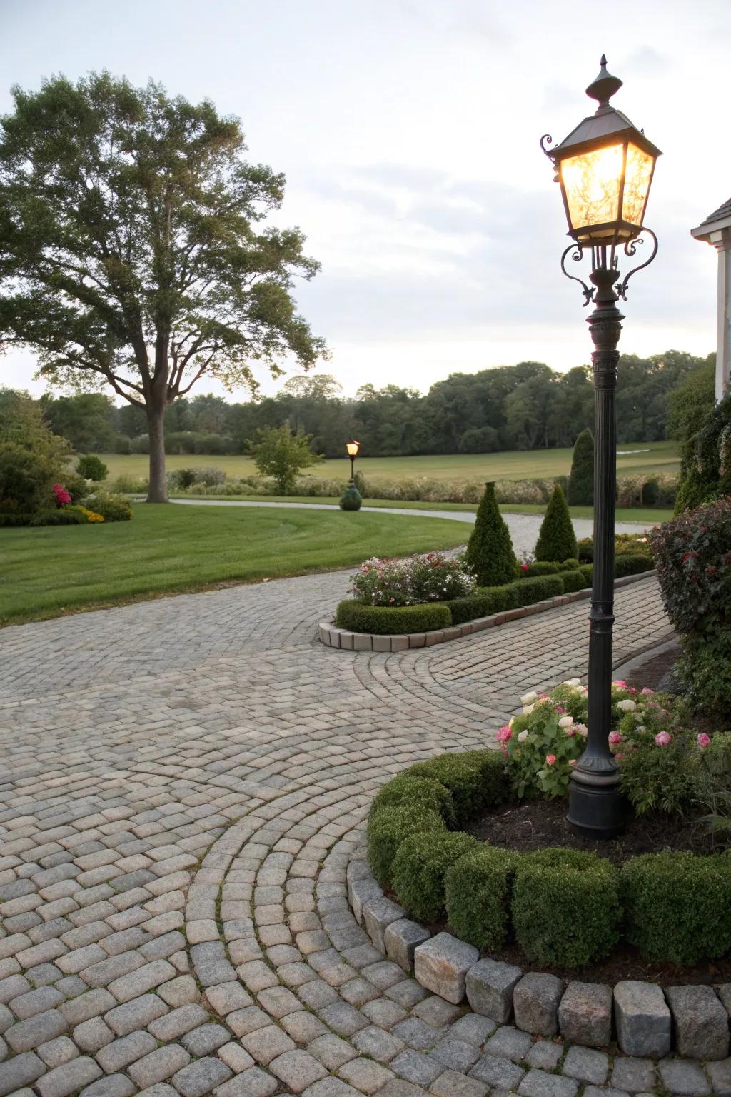 A charming cobblestone driveway with vintage appeal.
