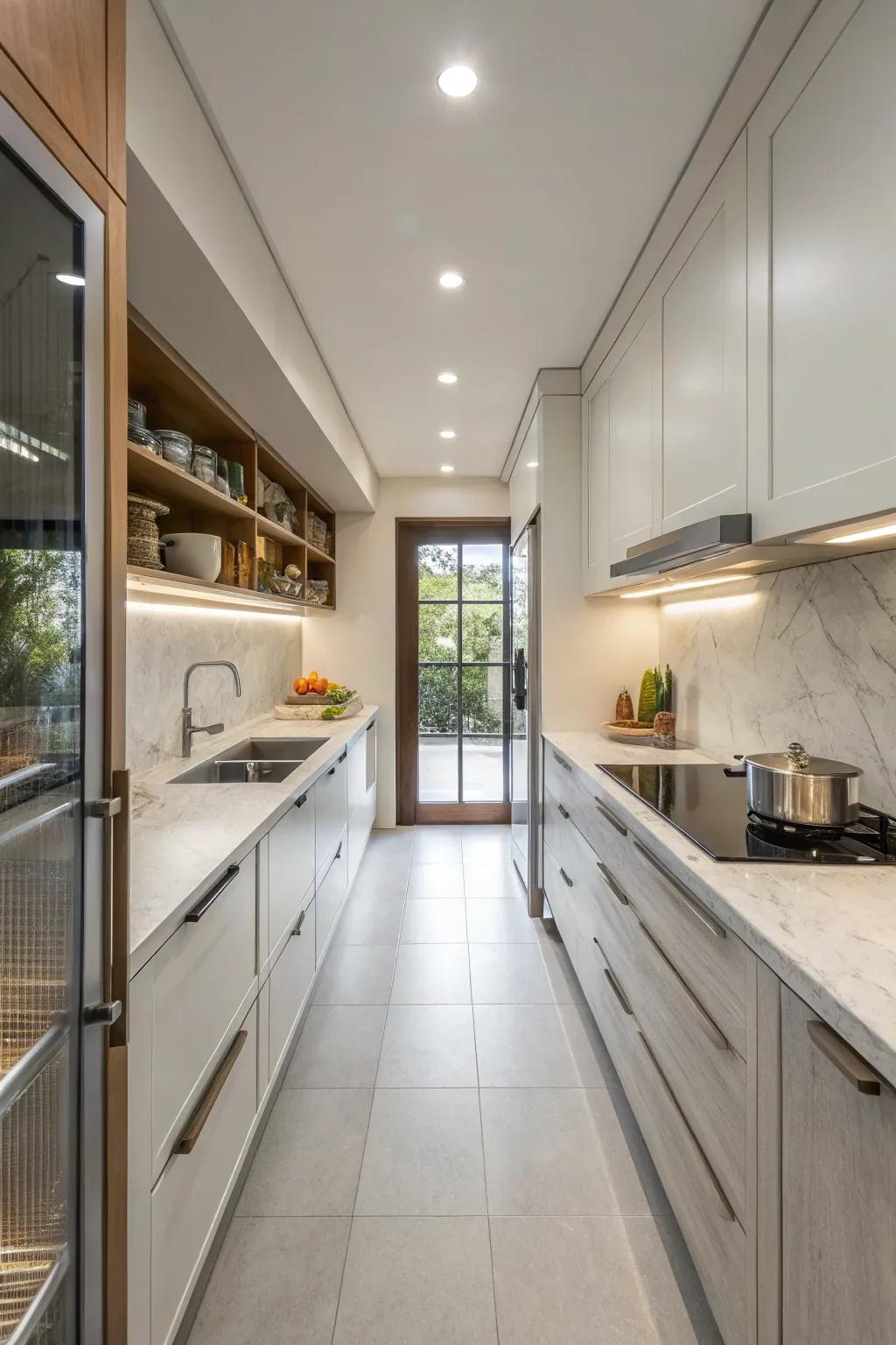 A classic galley kitchen layout that maximizes space and functionality.