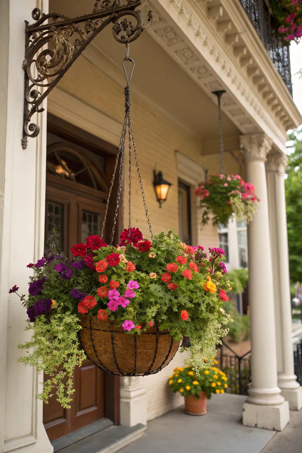 A timeless classic: Hanging basket overflowing with colorful blooms.