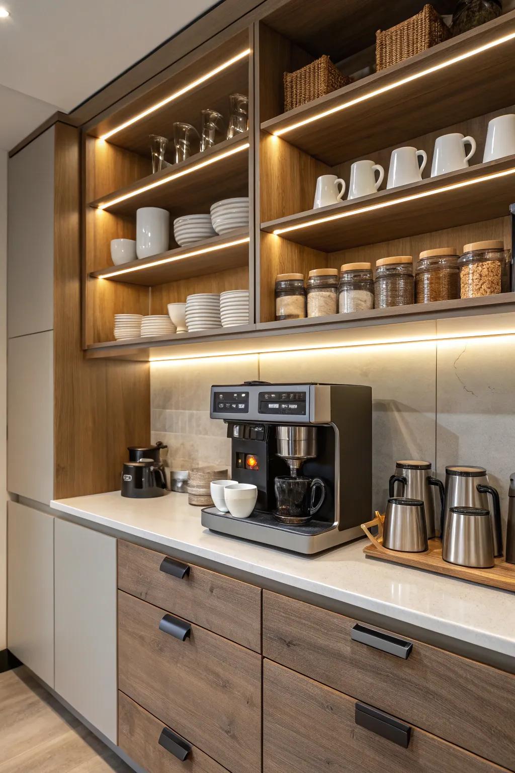 Integrated drawers and shelves keep your coffee and tea essentials tidy and accessible.
