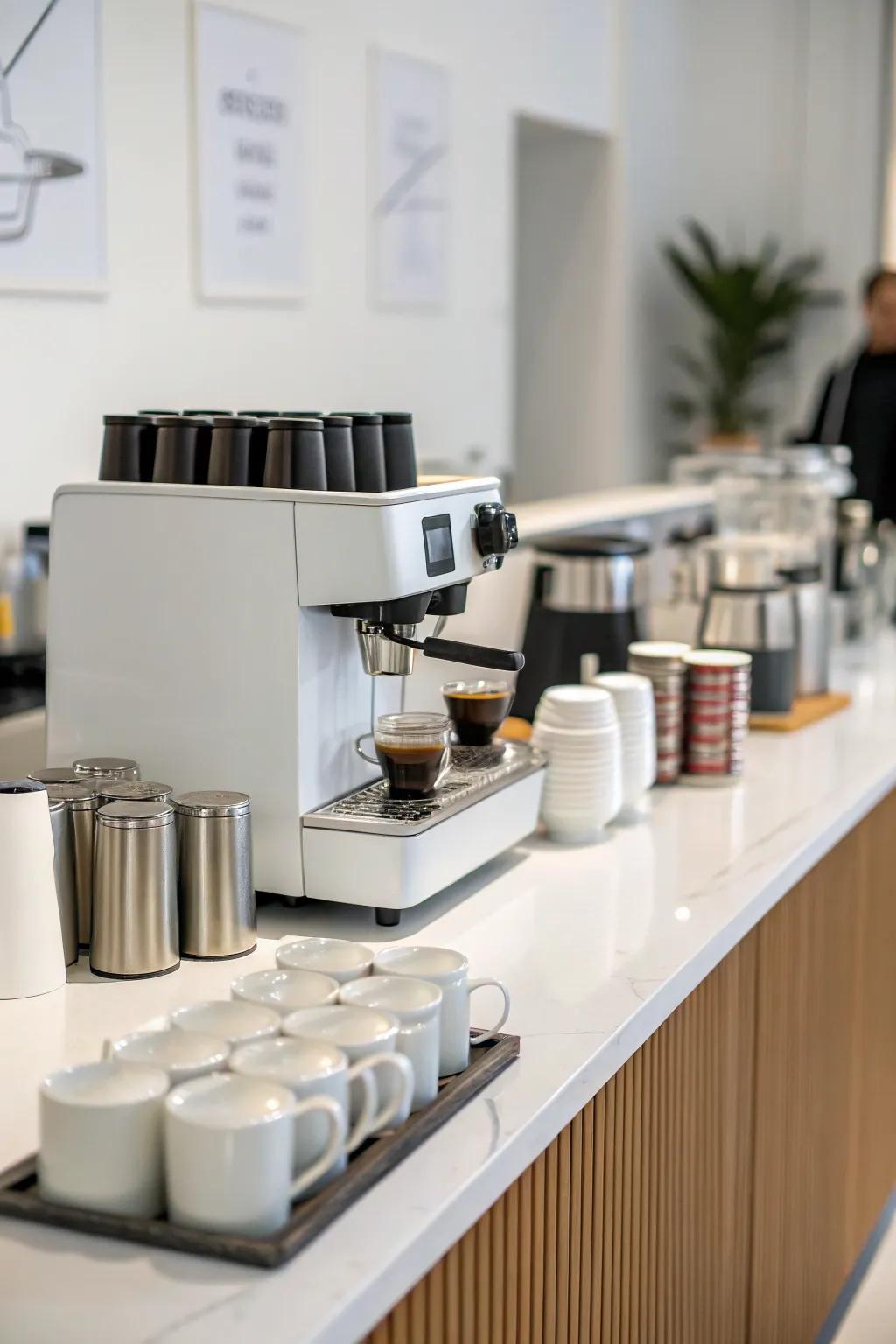 A simple coffee bar design with everything precisely positioned.