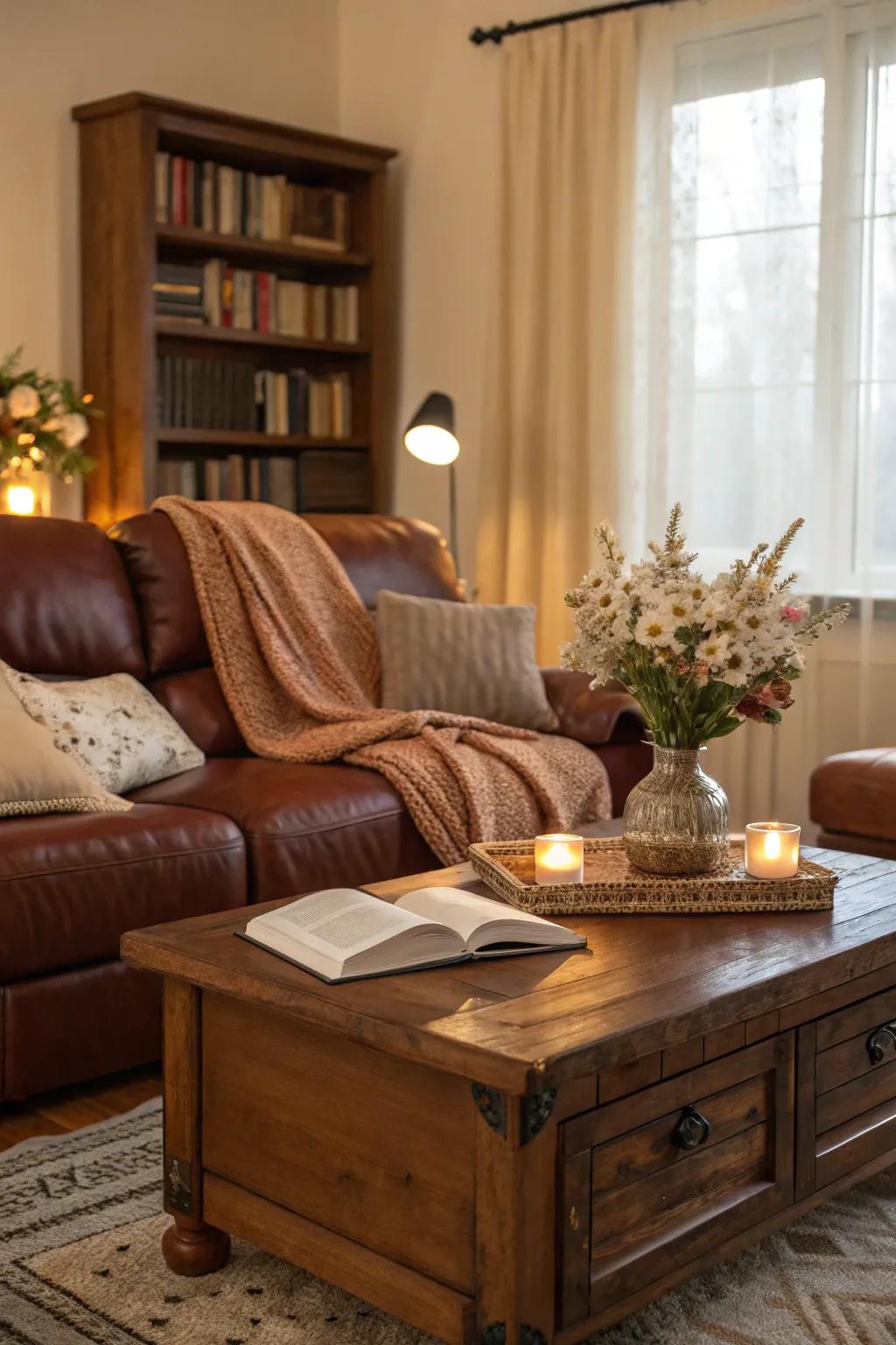 A harmonious blend of wood and leather exudes timeless elegance.