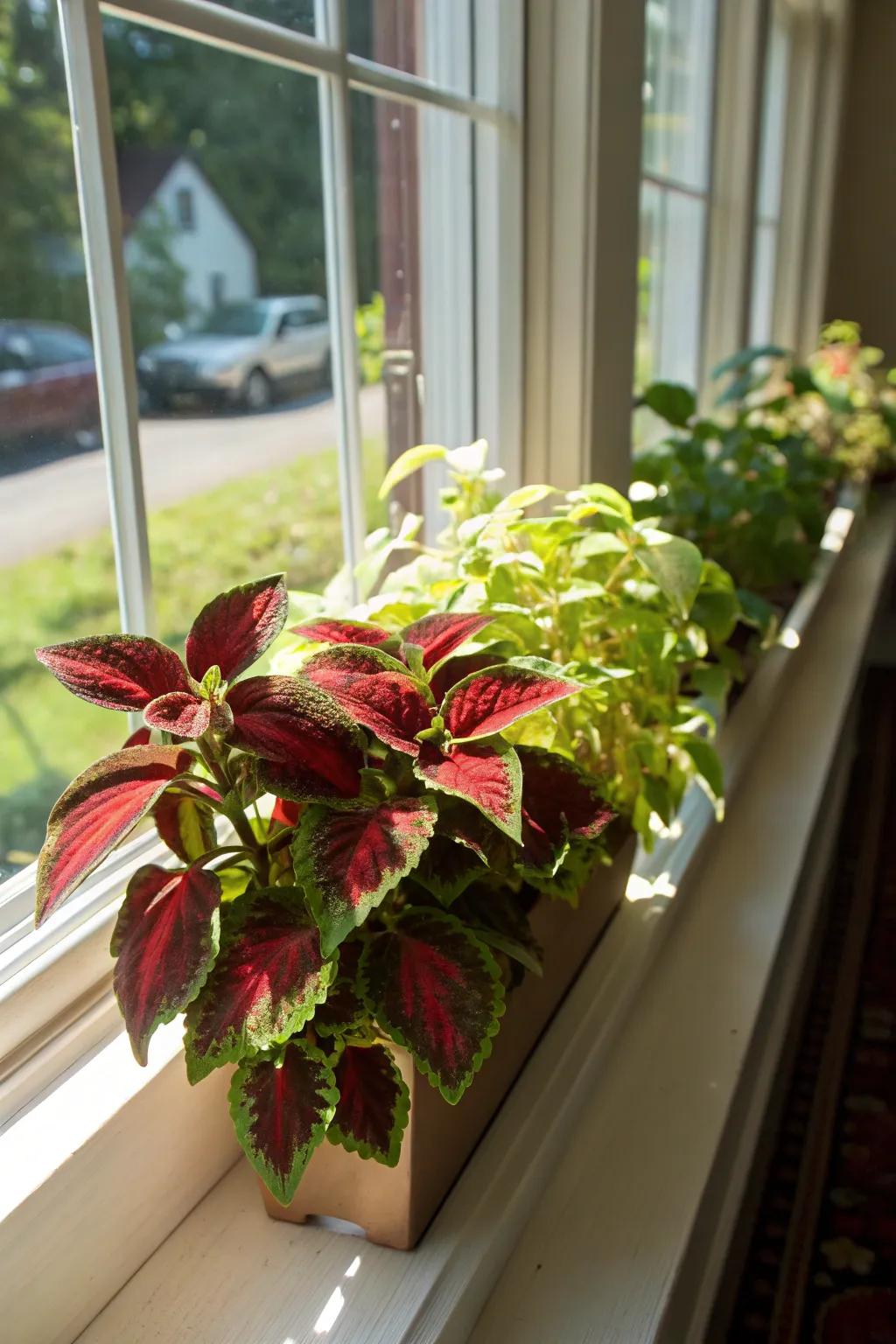 A daring blend of crimson and verdant fancy foliage results in an eye-catching window display.
