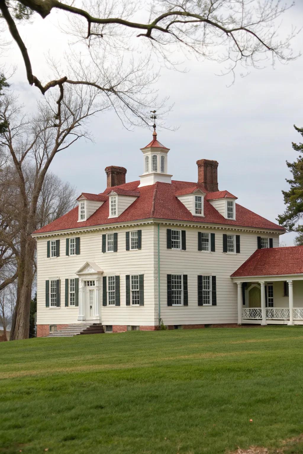 Symmetrical facade of a colonial home with balanced window placement.