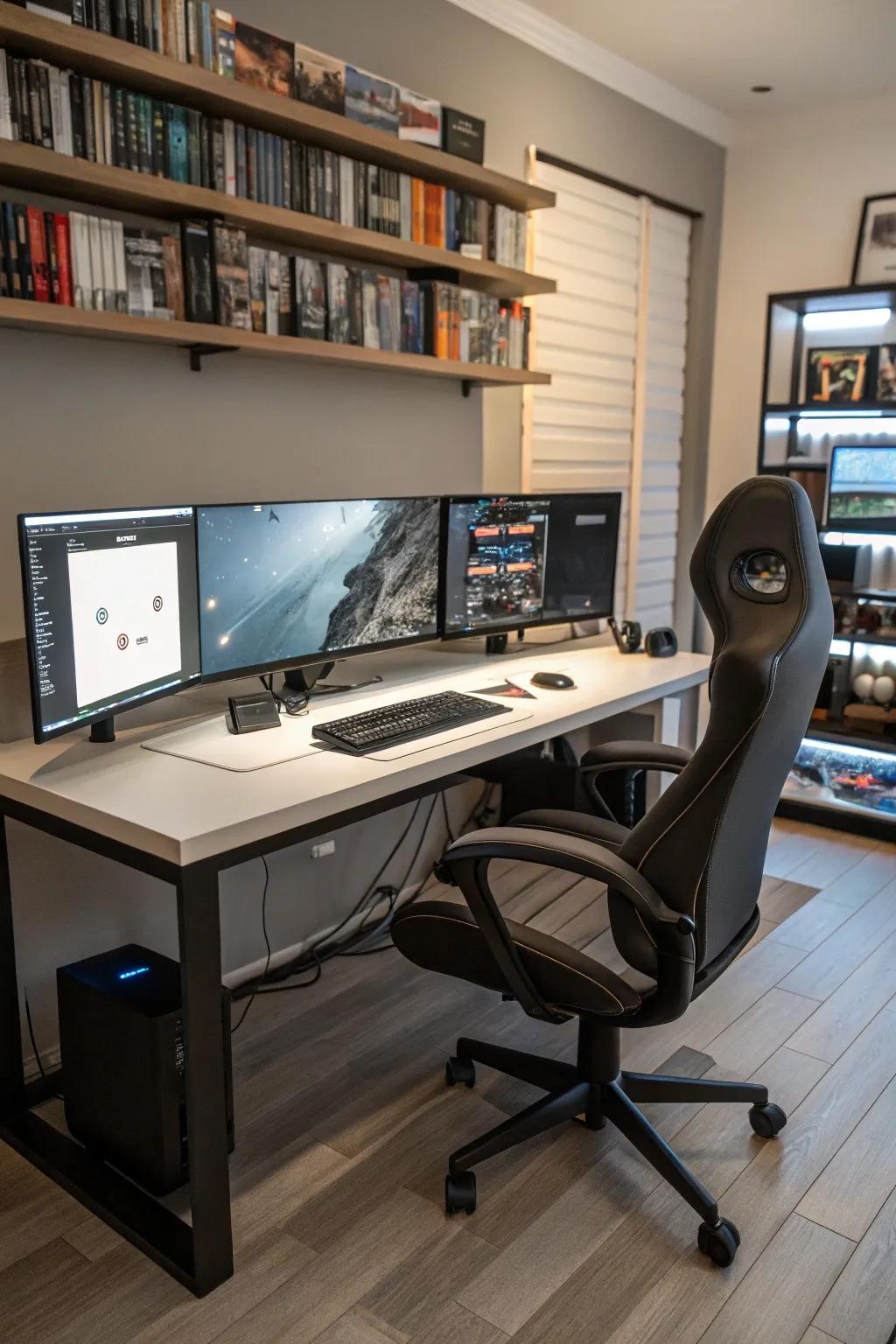 A sophisticated computer setup featuring triple monitors for enhanced productivity.