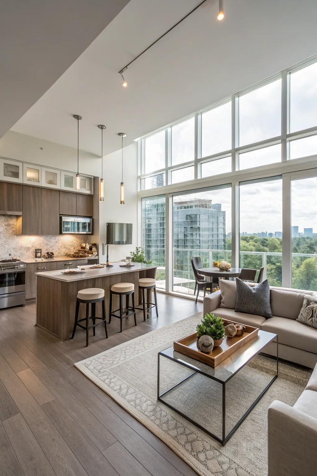 An open concept condominium interior with integrated kitchen, dining, and living areas.