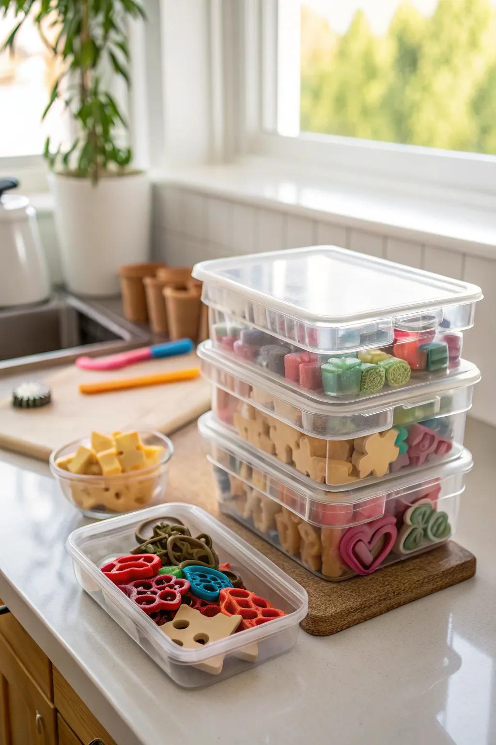 Clear stackable containers filled with cookie cutters for easy access.