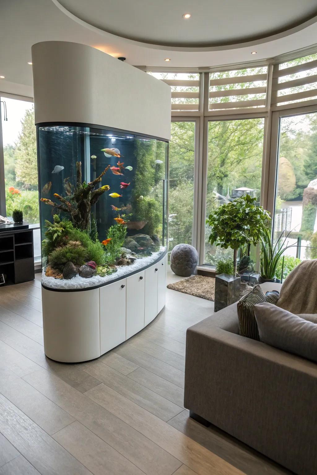 Curved front fish tank showing a panoramic aquatic vista.