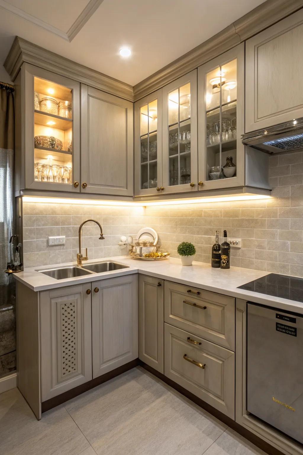 A compact kitchen layout showcasing a corner sink to make the most of limited space.