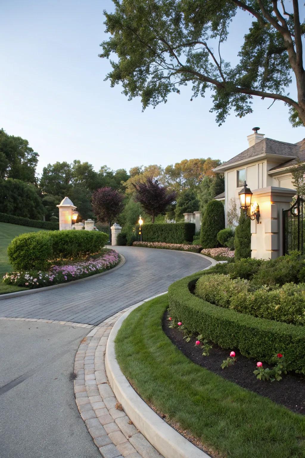 A sweeping curved driveway enhancing a corner lot's appeal.