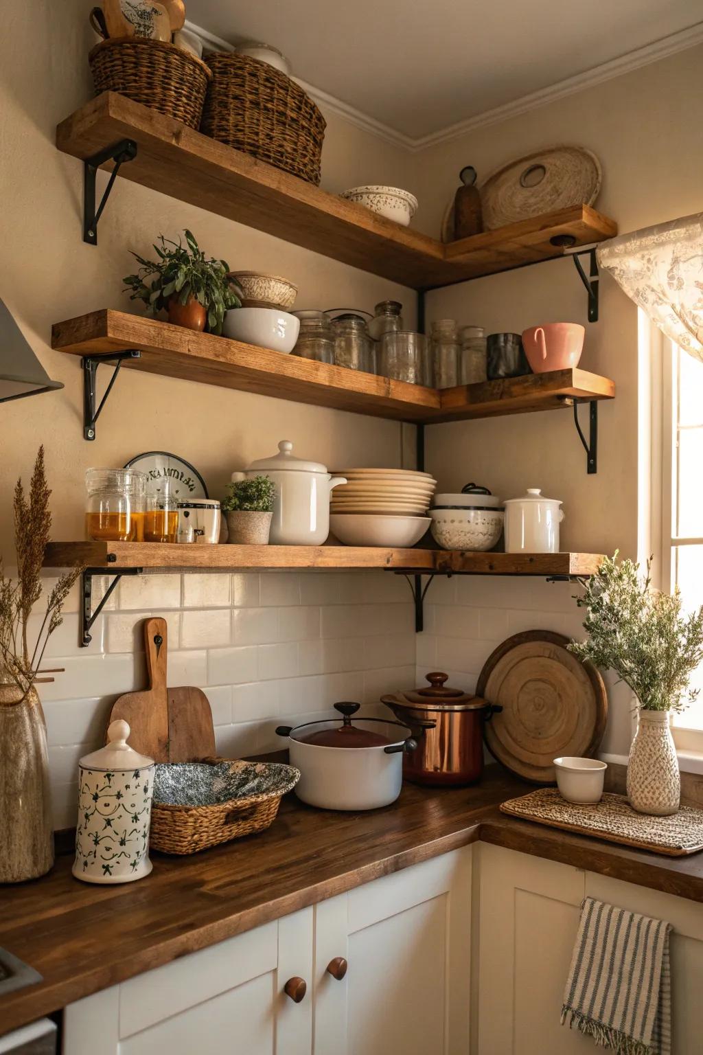 Layered wood shelves bring warmth and cohesion to any kitchen.