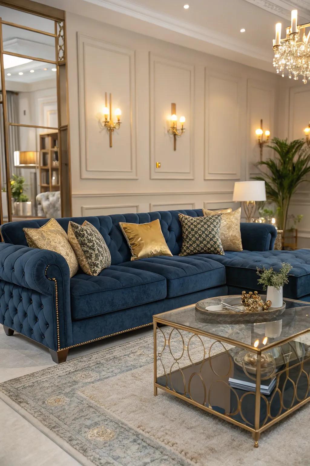 Add a luxurious touch with a velvet corner sofa that stands out.