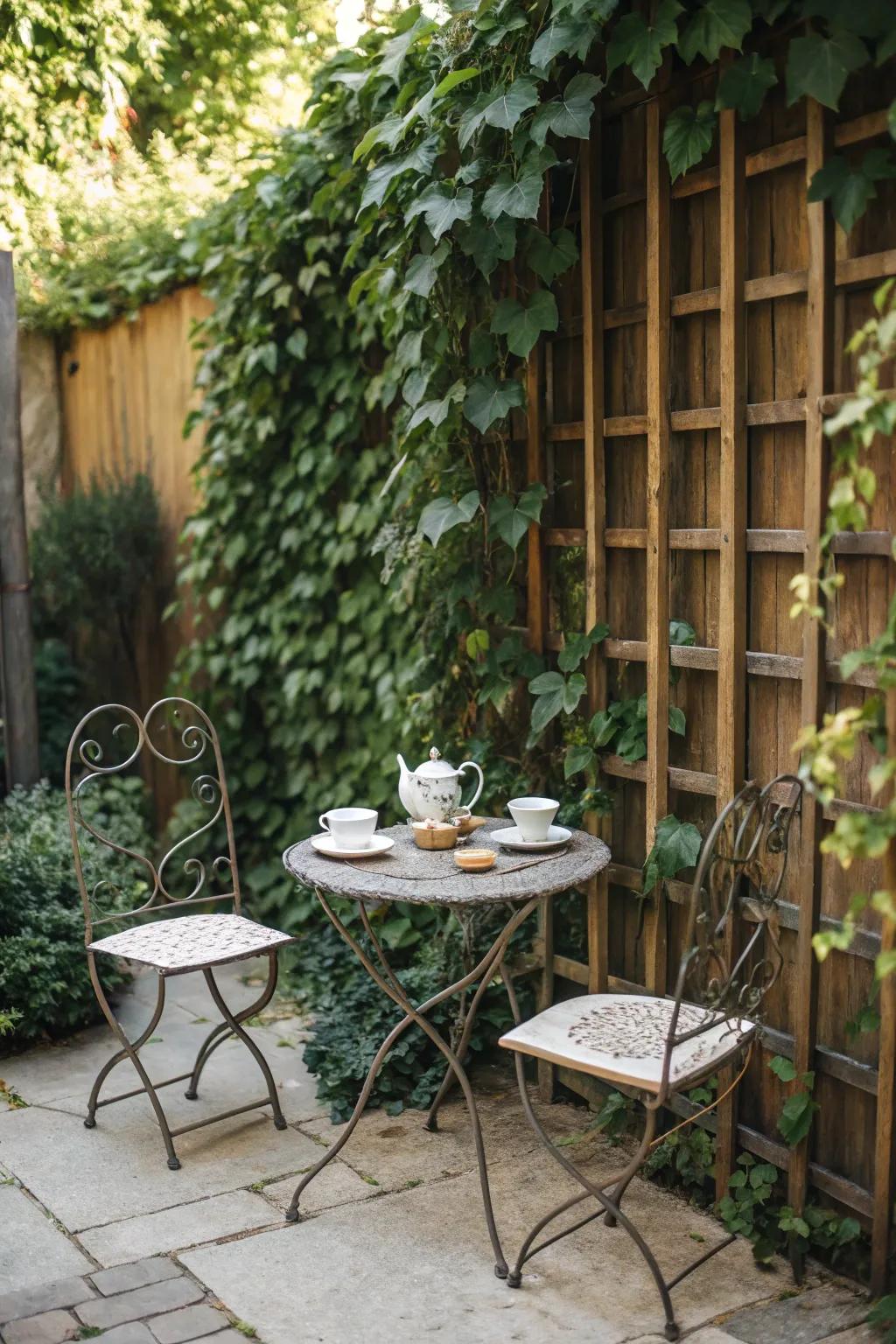 A charming garden nook showcasing a trellis adorned with ivy and a welcoming bistro set.