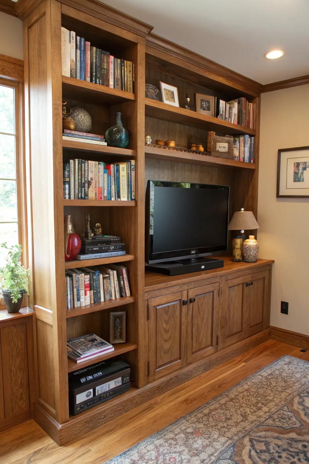 Shelving installed around the TV offers a harmonious blend of storage and design.