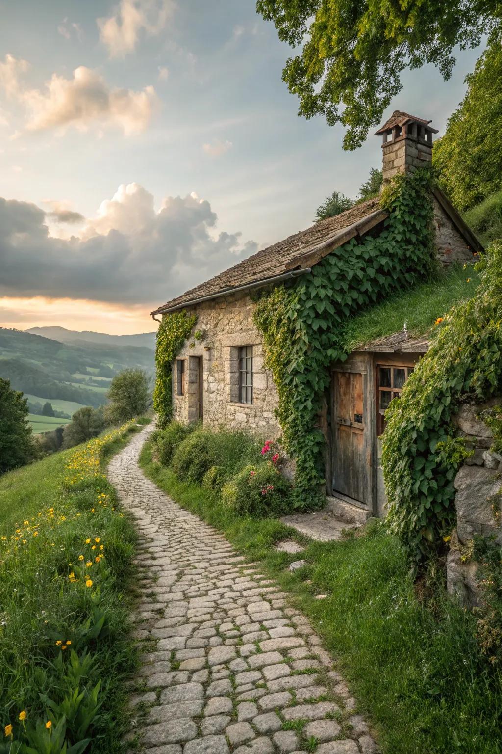 A rustic stone cottage, enveloped in nature's embrace.