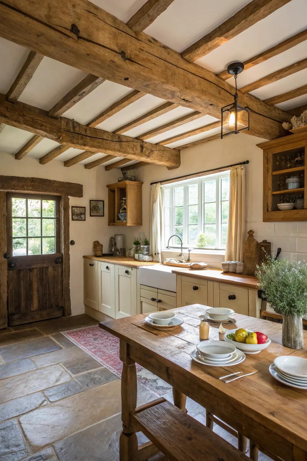 Untreated lumber supports and a simple table combine in a welcoming, countryside-style cooking area.