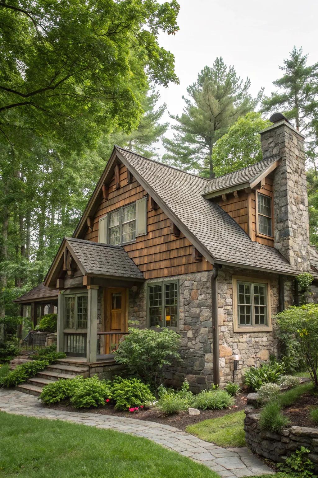 The epitome of rustic allure with wood and stone cladding.