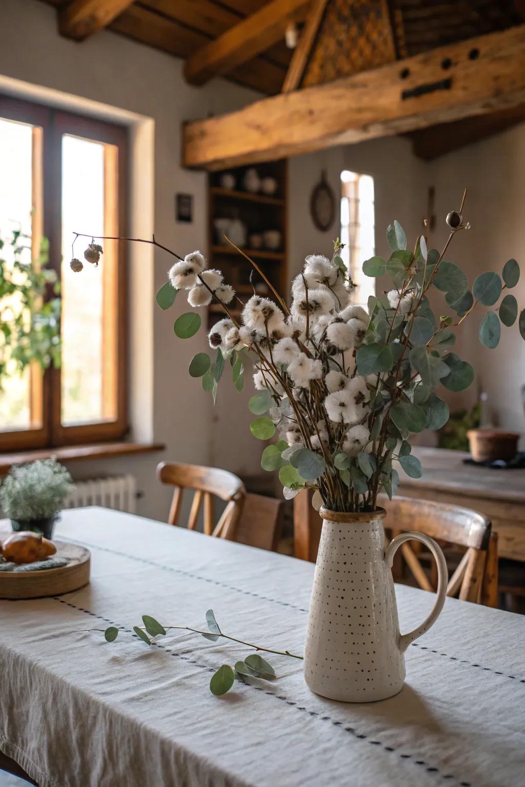 A rustic kitchen centerpiece with cotton and eucalyptus.