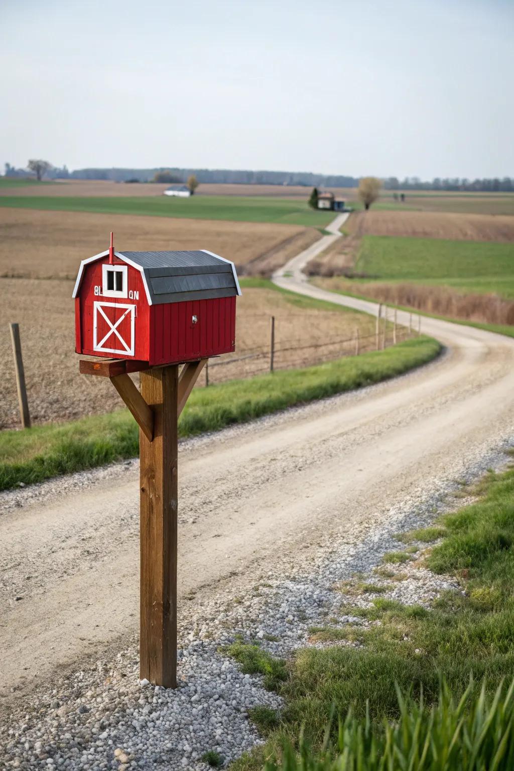 A vibrant red barn mailbox provides a striking complement to the rural scenery.