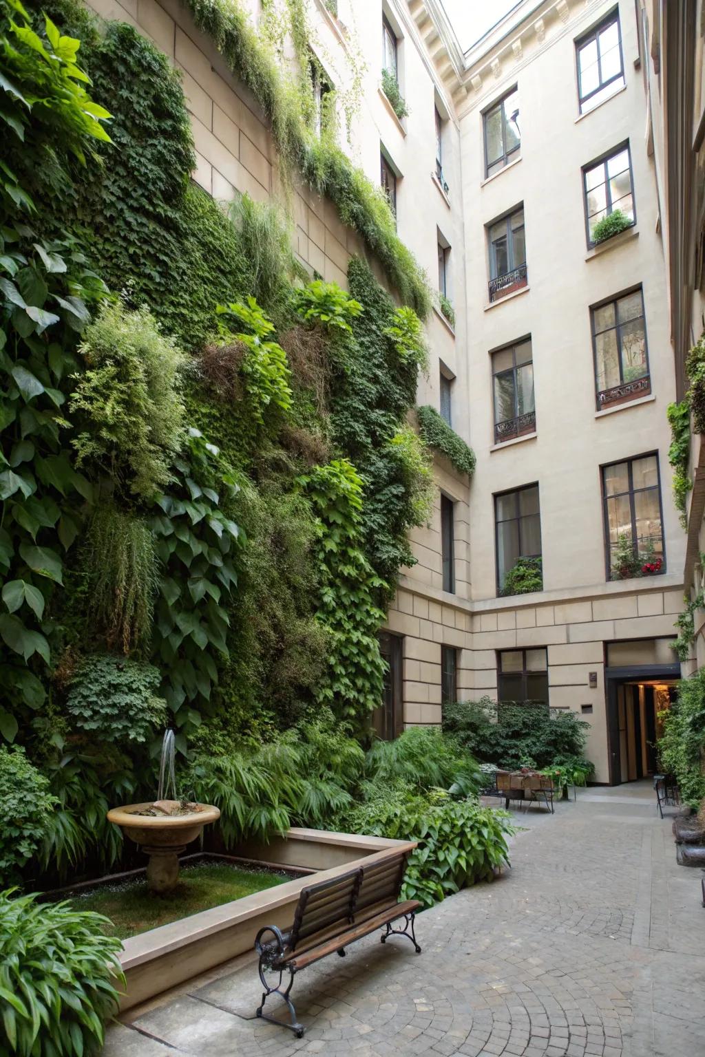 A vertical garden transforms a simple courtyard into a green sanctuary.