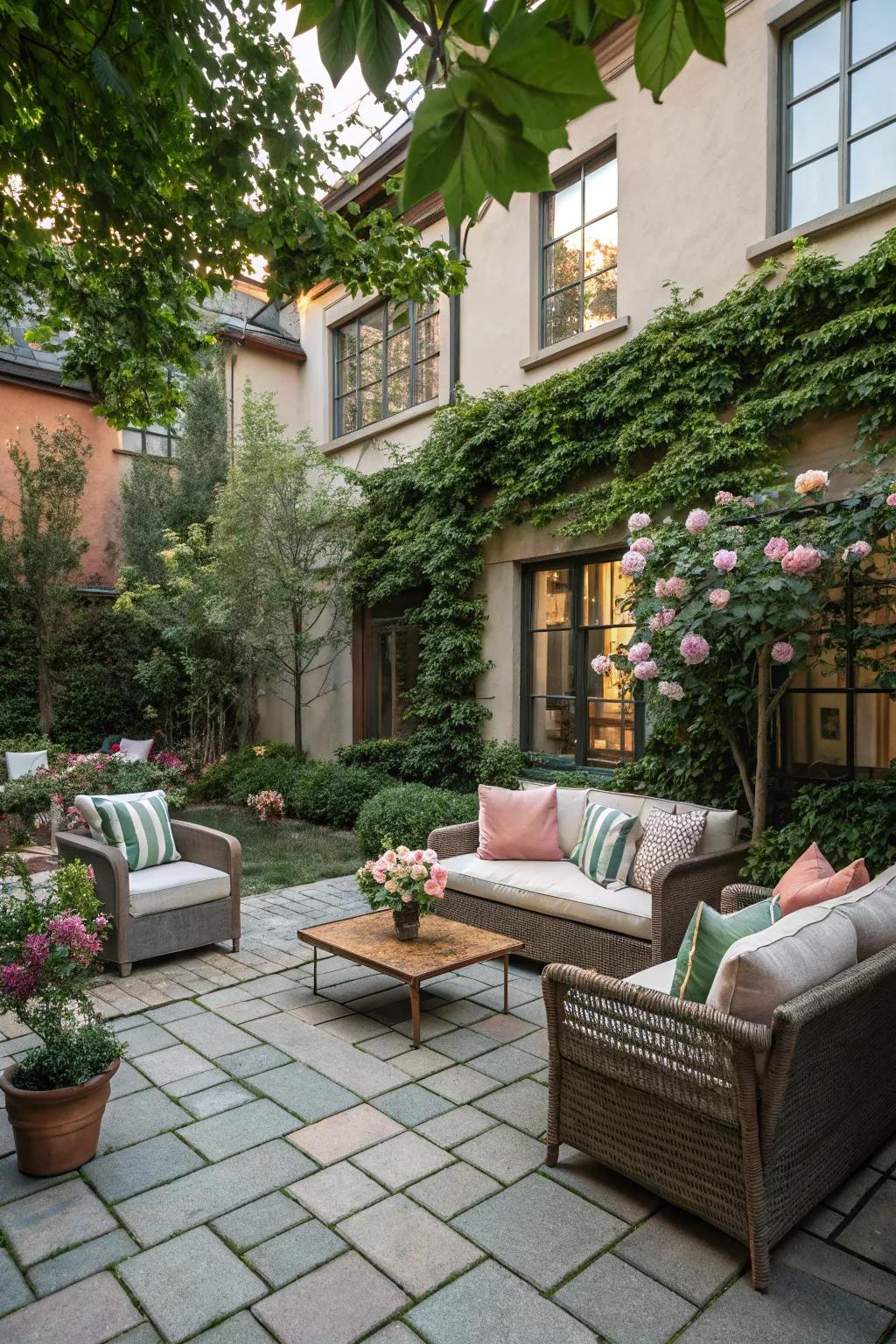 Design a cozy seating zone with plush furniture atop your courtyard pavers.