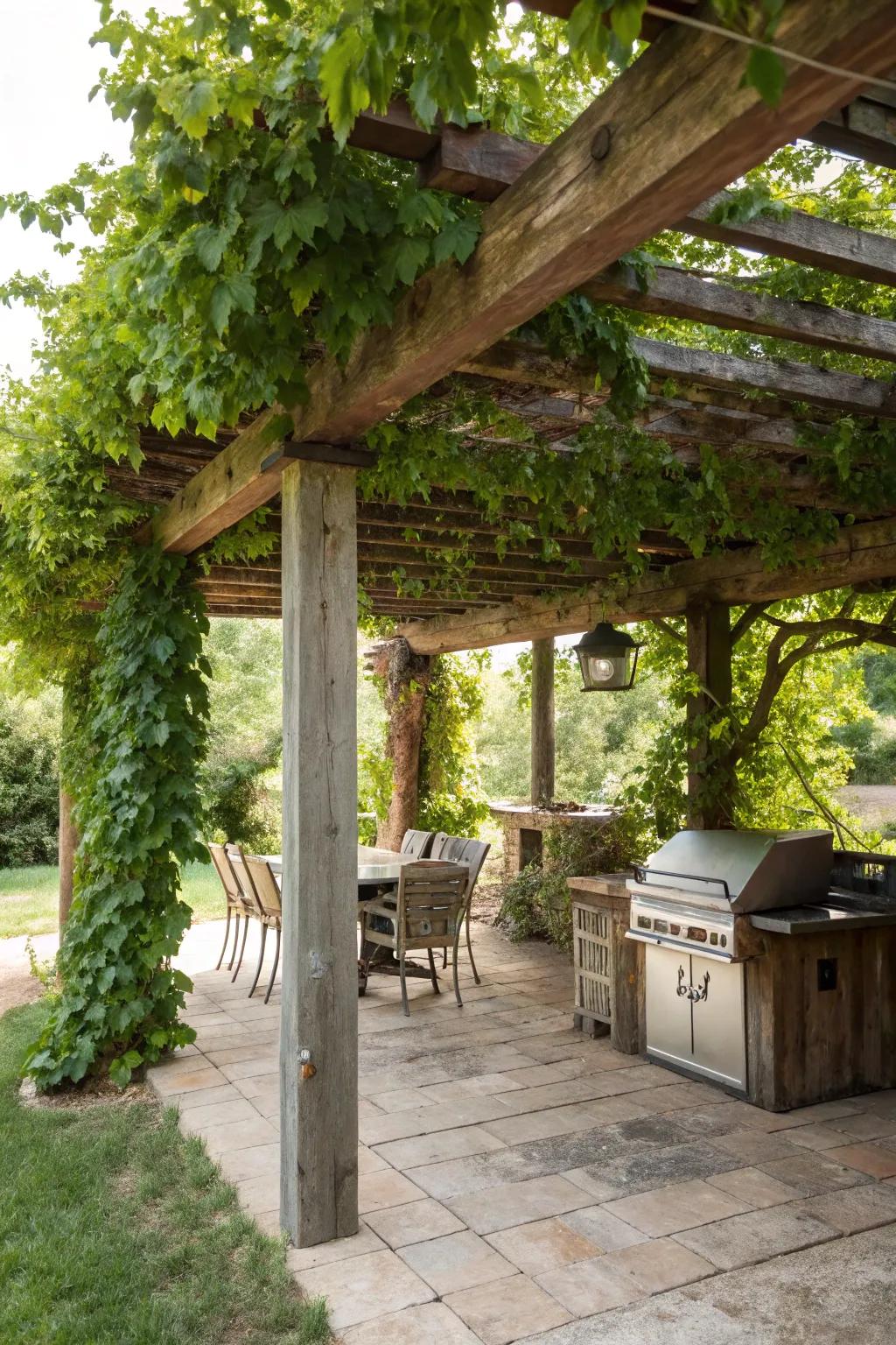 A rustic pergola with climbing vines providing shade over a grill space.
