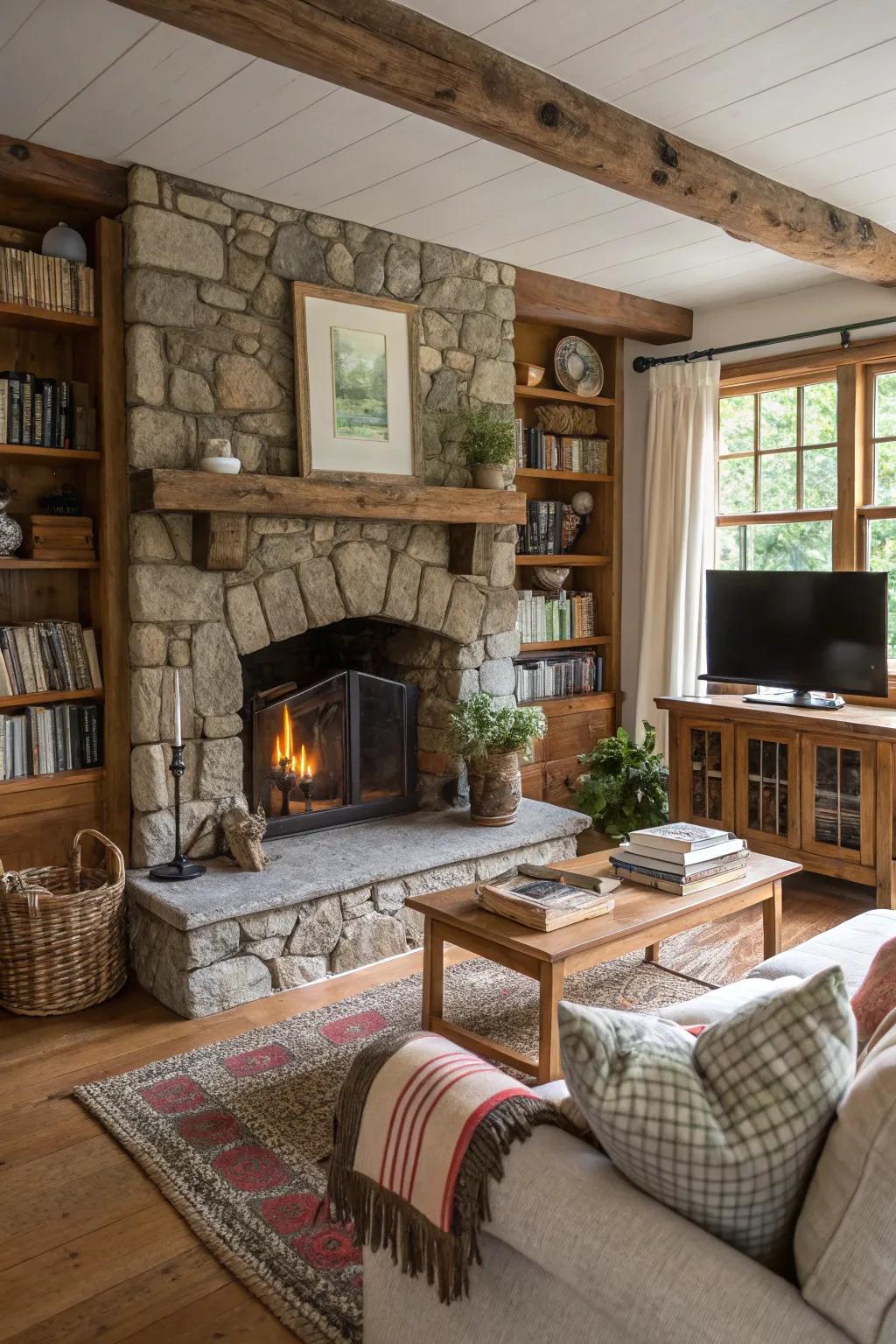 Stone-clad fireplace adding rustic charm to a cottage living room.