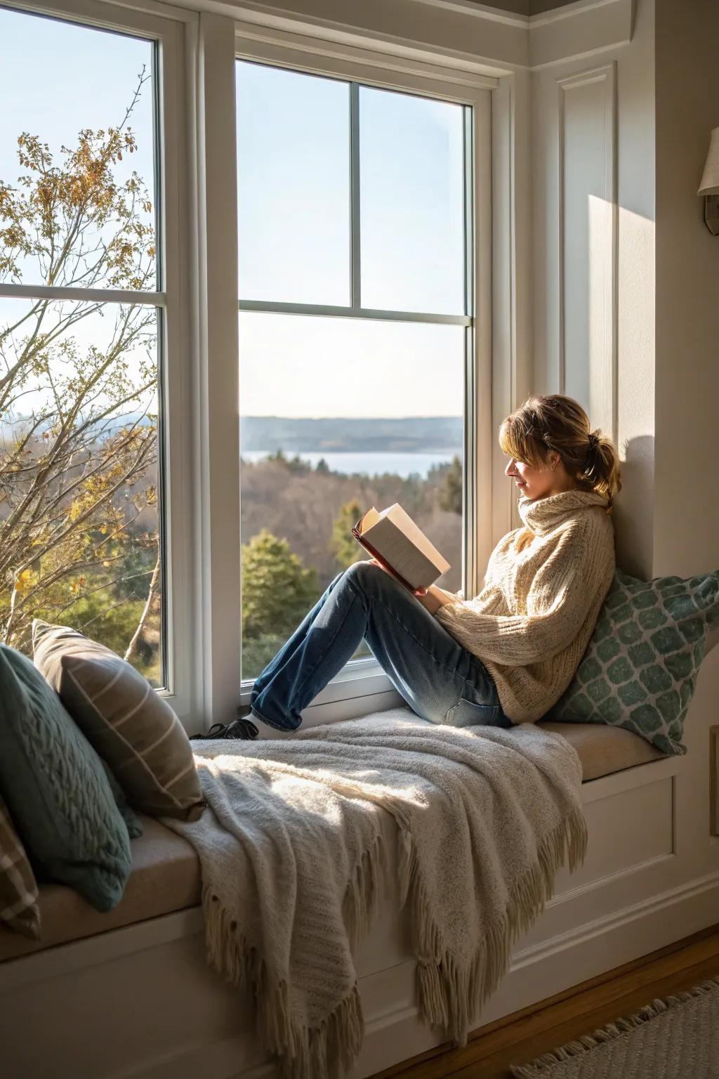 A window seat reading nook featuring a myriad of cushions and a snug throw, delivering a peaceful hideaway with a view.